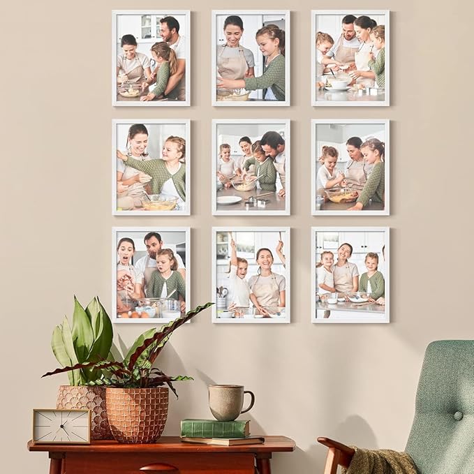Renditions Gallery Set of 9, 11X14 Custom Photo Prints with Real Wood Picture Frames. Create Personalized Photos with Peel & Stick Photo Frames. White Frame