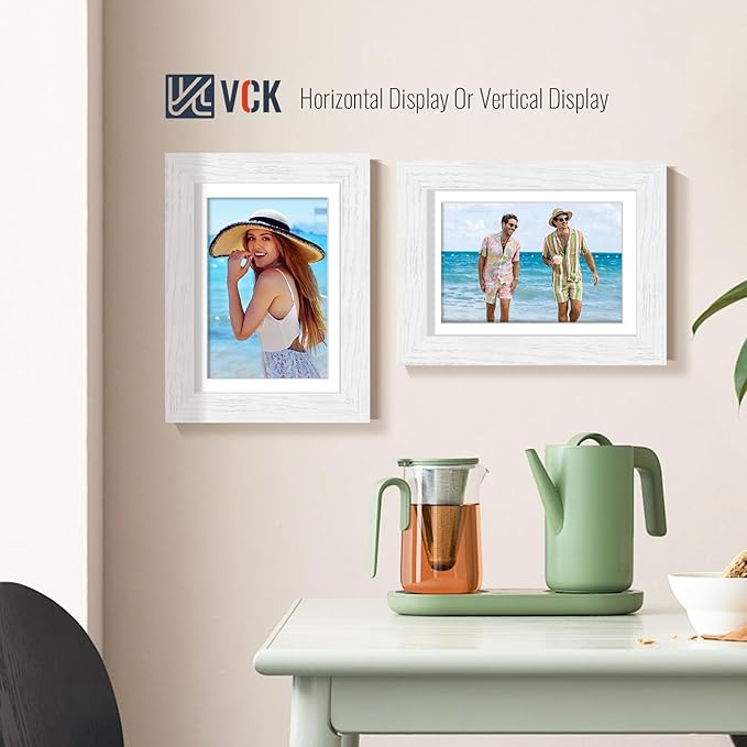 VCK 5x7 Picture Frames White Set of 5, Wide Border Wood, Tempered Glass, Display 4x6 Photo with Mat or 5 x 7 without,for Home, Office, Gallery, Woodgrain Series, Tabletop & Wall Hanging