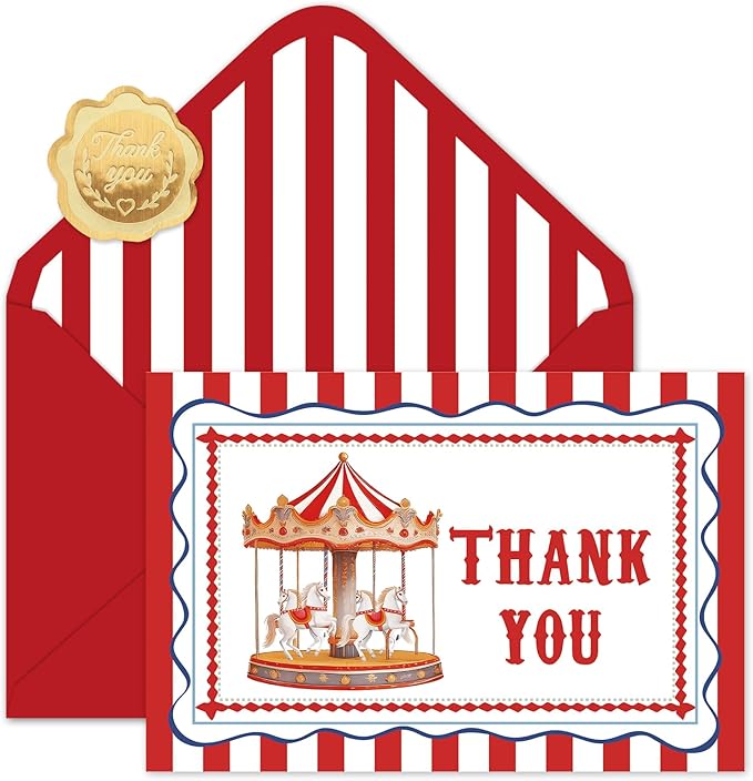 Whaline 24 Pack Circus Theme Thank You Cards Greeting Cards Red White Stripe Carousel Blank Note Card with Envelopes Stickers for Birthday Party Baby Shower Carnival, 4 x 6 Inch