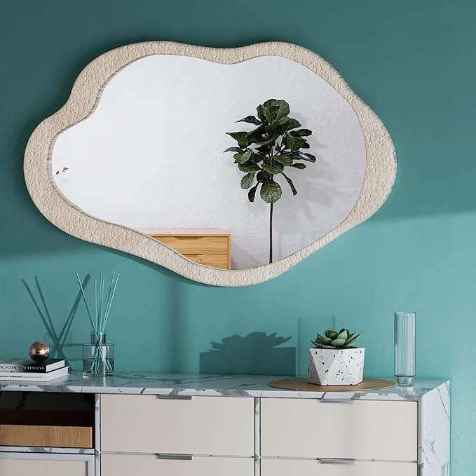 32"x 20" Wavy Cloud Mirror Irregular Wall Mirror with Wood Frame, Modern Decorative with Hanging Hooks, Asymmetrical for Bedroom Living Room Entryway Beige