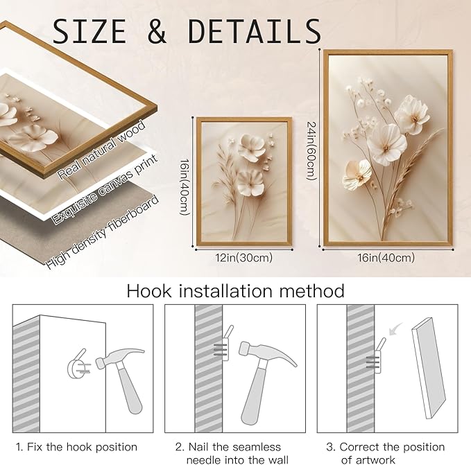 HLXRAE Minimalist Beige Floral Canvas Wall Art, Neutral Farmhouse Wall Decor, Wood Framed Vintage Botanical Poster Prints, Modern Flower Aesthetic Pictures for Bathroom Living Room Bedroom 12"x16"x3