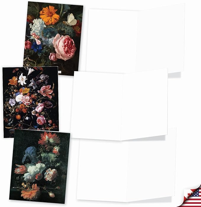 The Best Card Company - 10 Boxed Note Cards with Flowers - Blank Assorted Floral Notecards Bulk (4 x 5.12 Inch) - Baroque Blooms M10020BK
