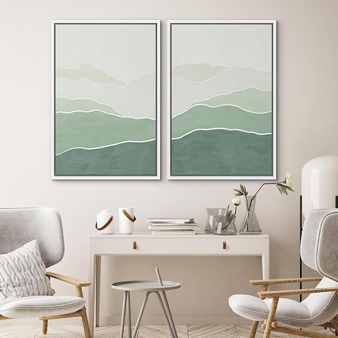 SIGNWIN Framed Wall Art Print Set Green Gradient Wave Landscapes Abstract Shapes Illustrations Modern Art Bohemian Relax/Calm Multicolor for Living Room, Bedroom, Office - 24"x36"x2 White