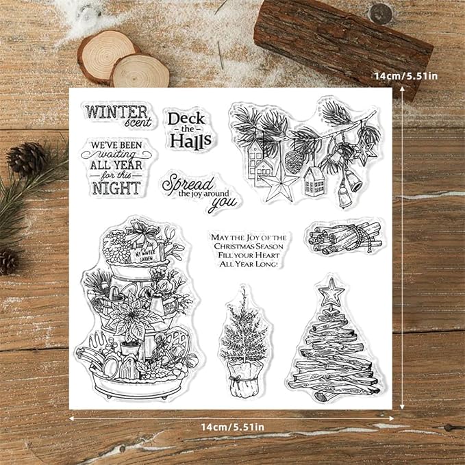Christmas Platter Wooden Sticks Stamps and Cutting Dies for Card Making DIY Transparent Silicone Clear Stamp and Metal Die Cuts Sets for Scrapbooking Paper Greeting Cards Decor Seals Craft Supplies