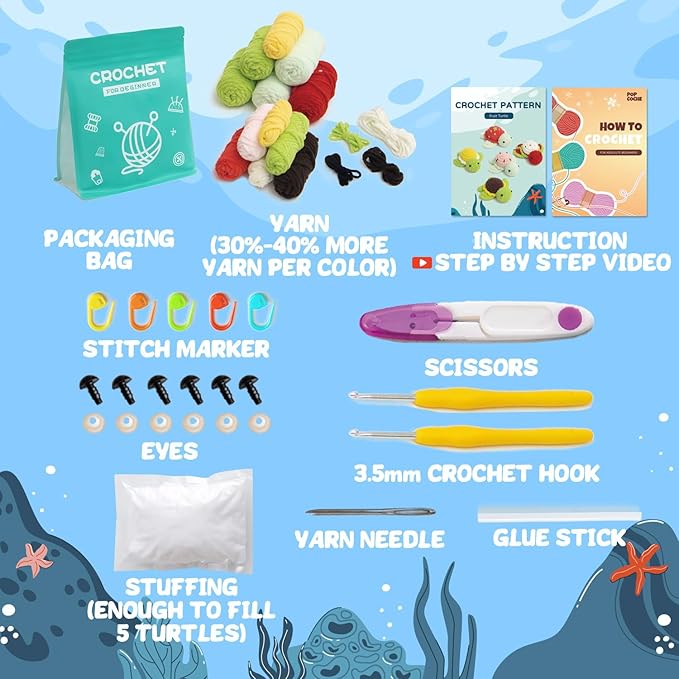 POP COCHE Crochet Kit for Beginners, Crochet Starter Kits for Adults, Amigurumi Craft Knitting Crochet Animal Kit with Step-by-Step Video Tutorials, 5 Fruite Turtles (40%+ Yarn)