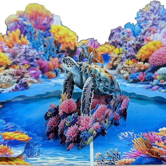 3D Pop Up Greeting Card – Handmade Sea Turtle with Baby Card – Ocean Coral Reef Scene – Mother & Baby Turtle 3D Card for Birthday, Retirement, Nature & Ocean Lovers