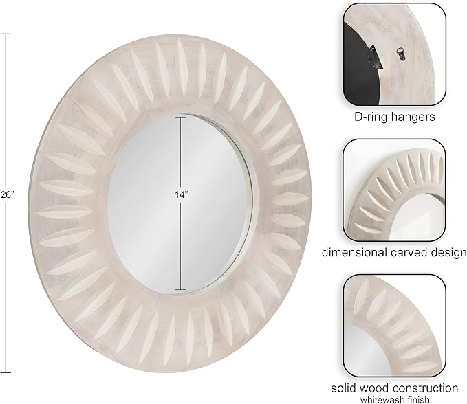 Kate and Laurel Usra Round Carved Wood Mirror, 26 Inch Diameter, Whitewash, Light Wooden Circle Mirror with Carved Indentation and Sunburst Wall Mirror Look