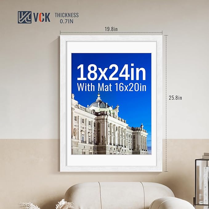 VCK 18x24 Frames White Set of 5, Wide Border Wood, Display 16x20 Picture Photo with Mat or 18 x 24 without, for Home, Office, Gallery, Woodgrain Series, Wall Hanging