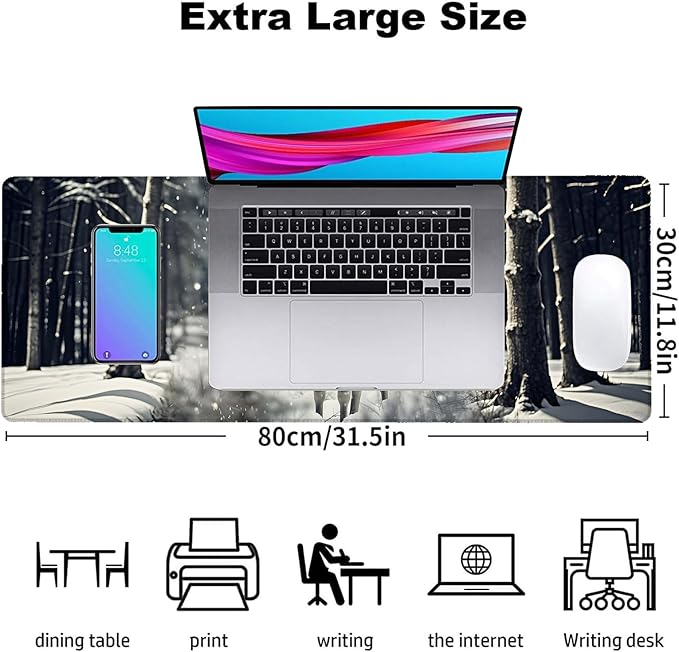 Winter Moose Gaming Mouse Pad, Office Desk Mat, Anti-Slip Rubber Base Cool Aesthetic Mouse Pads for Computer Laptop Keyboard School Home Desktop Gamer Home Accessories Decor 31.5" x 11.8"