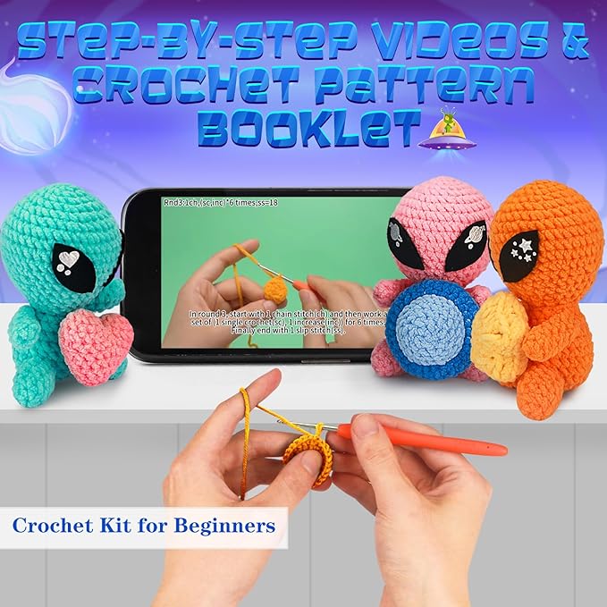ekaus Crochet Kit for Beginners, Crochet Kit with Step-by-Step Video Tutorials, Crochet DIY Knitting Supplies for Adults, Crochet Aliens(45%+ Yarn)