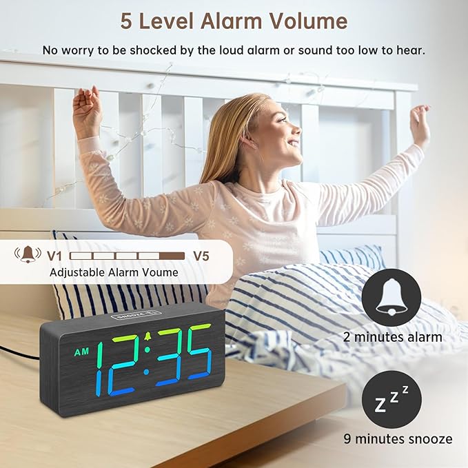 DreamSky Wooden Digital Clock for Bedroom Desk - RGB Loud Alarm Clock for Heavy Sleepers with Volume Control, Large Numbers with Dimmer for Living Room Office, Wood Decor (Plug in Clock)