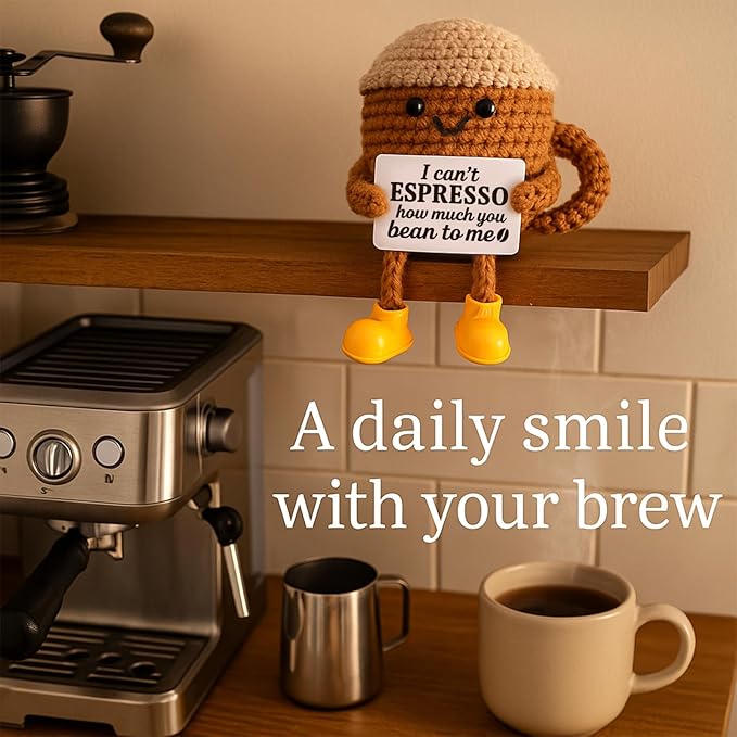 Christmas Stocking Stuffers Birthday Gifts for Women Men Positive Crochet Coffee Cup Desk Decor–Cute Coffee Lover Gift for Best Friend Girlfriend Couple Wife Husband Anniversary Thank You
