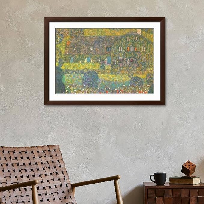 ART.COM Wall Art Print House in Attersee on Brown Frame by Gustav Klimt, 44" x 32"