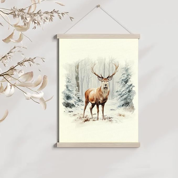 bitCNY 12x16 Inch Deer in Snow Forest Wall Art – Woodland Animal Canvas Poster, Rustic Winter Cabin Decor with Natural Hanger