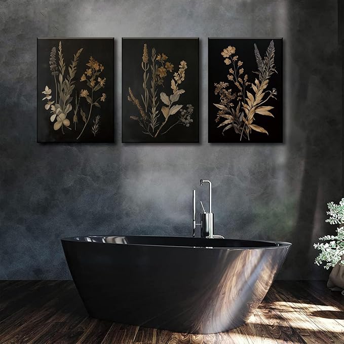TUEASKY 3 Piece Moody Botanical Canvas Wall Art Vintage Floral Wall Art Boho Dark Flower Decor Black Wildflower Art Prints for Living Room Bedroom16x24in Framed