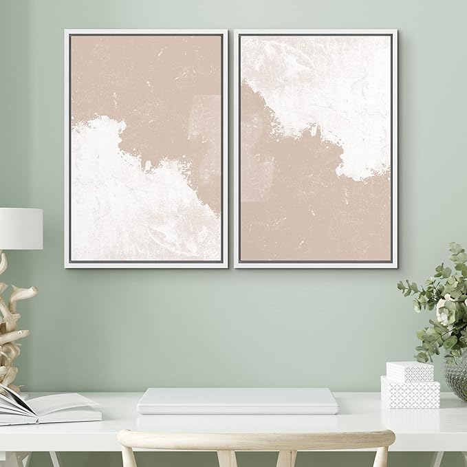 SIGNWIN Framed Canvas Print Wall Art Set Grunge Pastel Paint Stroke Landscape Abstract Shapes Illustrations Modern Art Minimal Decorative Nordic for Living Room, Bedroom, Office - 16"x24"x2 White