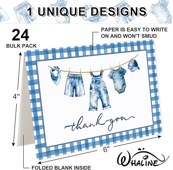 Whaline 24 Pack Blue Jean Baby Shower Thank You Cards Greeting Cards Blank Note Card with Envelopes Stickers for Birthday Gender Reveal, 4 x 6 Inch