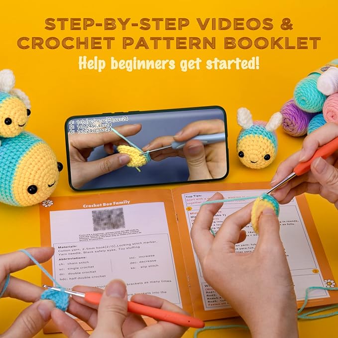 Crochetta Crochet Kit for Beginners, Beginner Crochet Starter Kit with Step-by-Step Video Tutorials, Beginner Crochet Kit for Adults, Knitting Kit for Beginners, 3 Bee (40%+ Yarn Content)