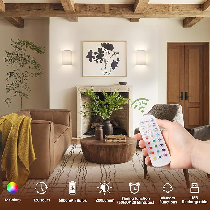 Adhesive Battery Operated Wall Sconce Set of 2, 6000 mAh Battery Rechargeable Bulb with 12 RGB Colors, Stick on Wall Sconce No Drill Wall Lights, Linen