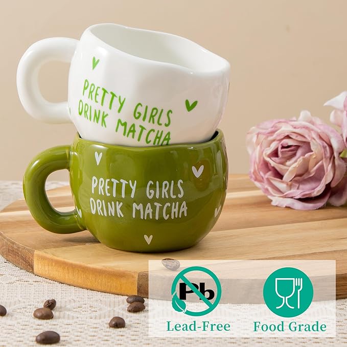 4pcs Cute Ceramic Coffee Mug, 9.4OZ White Green Porcelain Tea Mugs, Ceramic Cup Sets for Matcha Lovers, Dishwasher & Microwave Safe, Christmas Gift(Matcha)