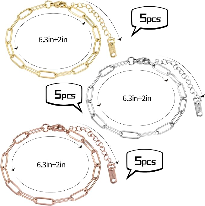 15PCS 18K Gold Plated 6.3Inch Paperclip Chain Bracelets Kit Stainless Steel Adjustable Charm Bracelets with Lobster Clasps for DIY Jewelry Making