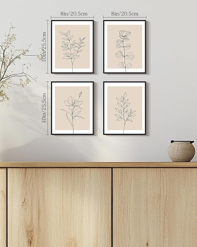 Drsoum Botanical Boho Framed Wall Art Wooded Minimalist Aesthetic Flower Prints Farmhouse Retro Plants Rustic Bathroom Kitchen Home Decor Ready to Hang 8x10inx4pcs (Black Framed)