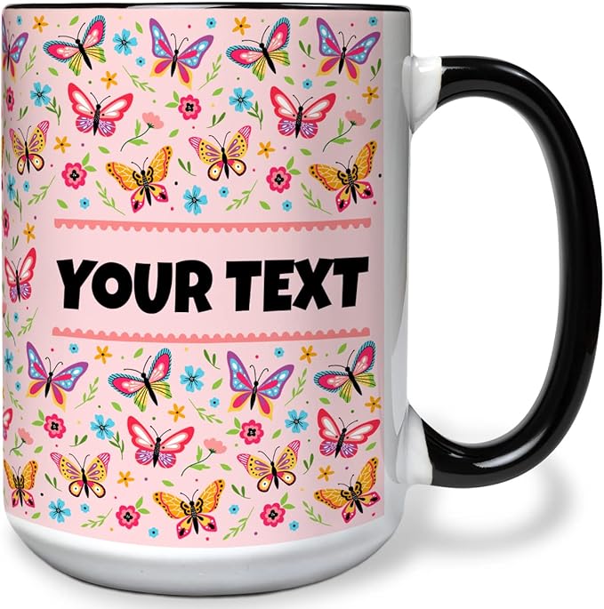 Personalized Mug for Kids - Butterflies - Custom Name/Text, Ceramic Hot Chocolate/Cocoa/Coffee Cup for Girls, Birthday/Christmas/Holiday Gift - 15 oz, Red Handle