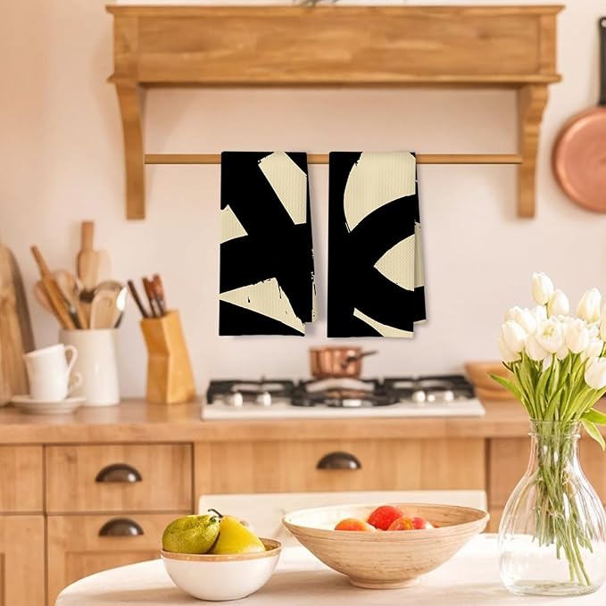 Beige and Black Abstract Kitchen Towels, Black and Cream Boho Minimalist Dish Tea Towels for Kitchen Decor, Mid Century Modern Neutral Hand Towels for Bathroom Decor, 16x24 Inches Set of 2