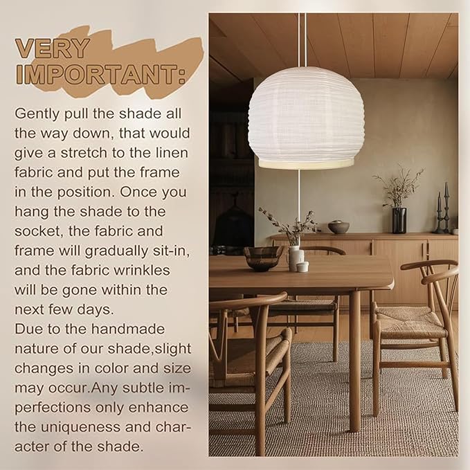 Plug in Pendant Light E26 Base 18 inch Japandi Linen Boho Hanging Lights Handmade Beige Linen and Bamboo Material for Bedroom,Farmhouse Pendant Lights Kitchen Island Living Room Natural Style