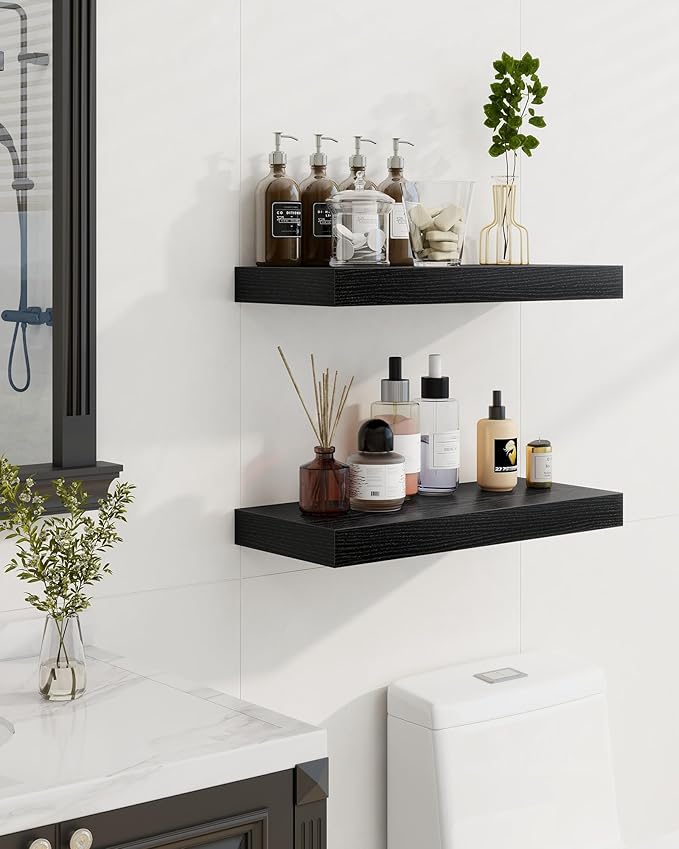 Marsmiles 16" Floating Shelves for Wall, Wooden Shelves with Invisible Brackets Set of 2, Rustic Farmhouse Wall Mounted Shelf for Kitchen Bathroom Living Room Study, Black