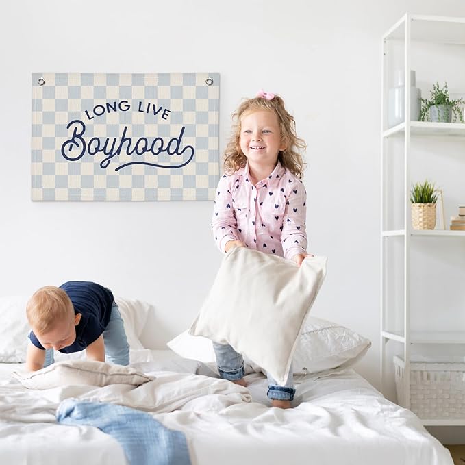 Long Live Boyhood Blue Checkered Boys Room Decor - Linen Banner Wall Hanging Canvas Banner Flag Decor for Toddler Boy Bedroom Nursery Playroom