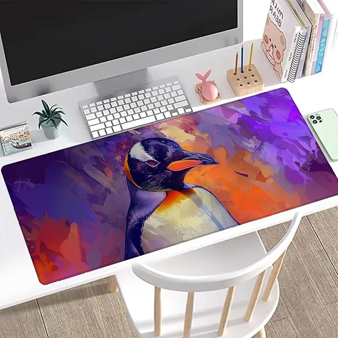 Vibrant Penguin Gaming Mouse Pad, Office Desk Mat, Anti-Slip Rubber Base Cool Aesthetic Mouse Pads for Computer Laptop Keyboard School Home Desktop Gamer Home Accessories Decor 31.5" x 11.8"