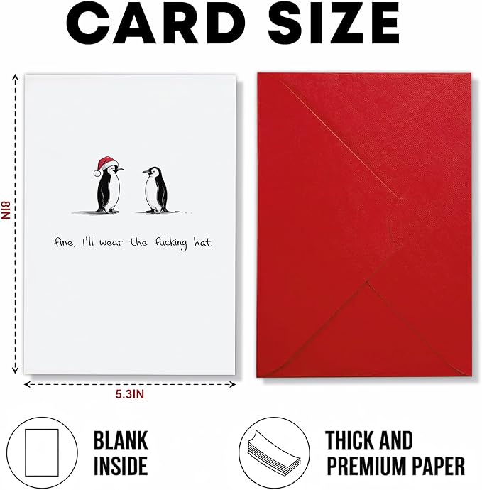 (5.3x8in) Fine I’ll Wear the Hat Funny Penguin Christmas Card with Envelope, Hilarious Adult Holiday Greeting with Swearing Humor, Sarcastic Xmas Card for Friends, Coworkers, Couples (Xmas 36)