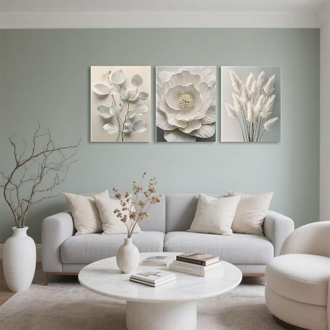 TUEASKY 3 Piece Canvas Wall Art Beige Wall Decor Flower Pictures Floral Art Prints Neutral Botanical Paintings Minimalist Artwork For Bedroom Living Room Office