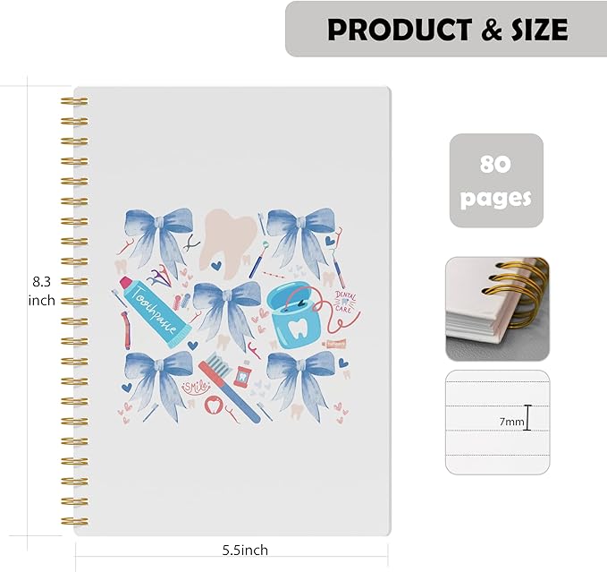 Evcprz Coquette Dentist Notebook Journal, Blue Bow Dental Hygienist Aesthetic Notebook, Cute Tooth Pattern Journal, Gifts for Dentist Assistant Women Girls, Spiral Notebook 5.5x8.3 Inch