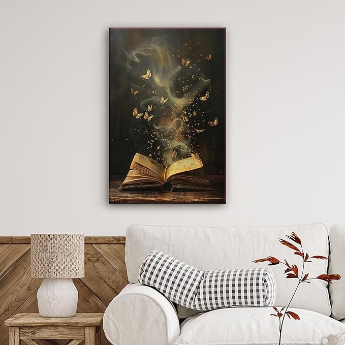 Whimsical Enchanted Open Book Wall Art Vintage Golden Butterflies Aesthetic Poster Print Funny Mystical Smoke Canvas Picture Decor for Office Bedroom Living Room Apartment 24x36inch Framed