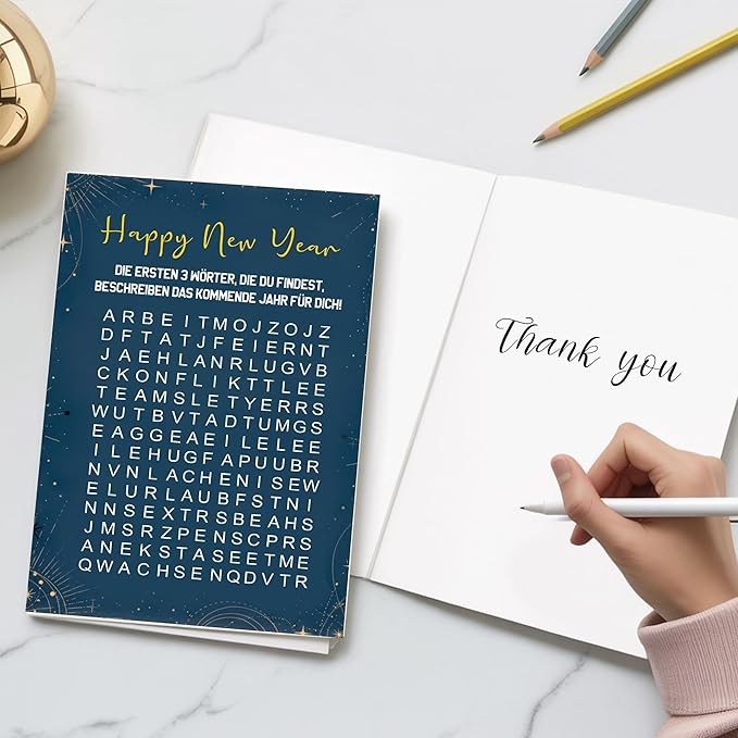 (5.3x8in) Happy New Year Word Search Card in German, Interactive Puzzle Greeting for Friends, Family, Coworkers, Fun Game Style Holiday Card, Unique New Year Activity Gift with Envelope (Xmas 40)