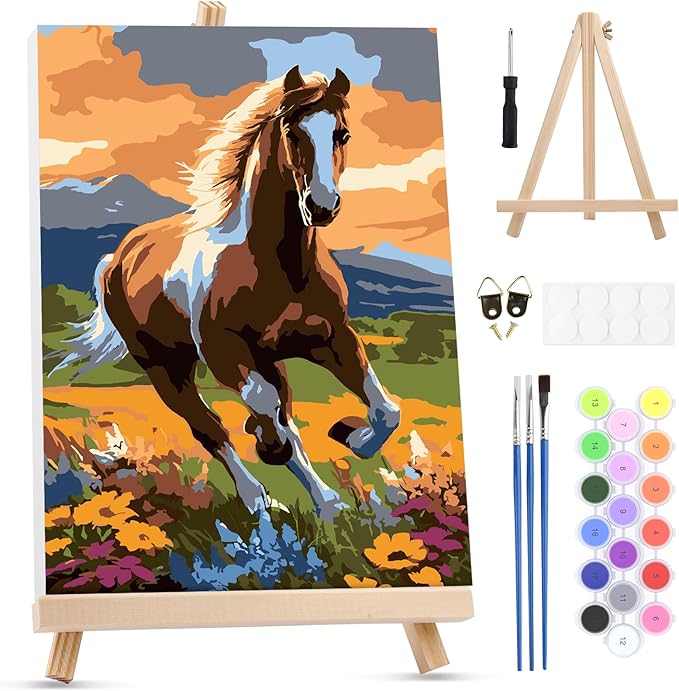 MXJSUA Horse Framed Paint by Numbers for Adults Beginners, Easy Adults' Paint-by-Number Kits on Canvas with Easel, Animal Acrylic Number Painting Crafts Kits Gifts for Home Decor, 8x12inch