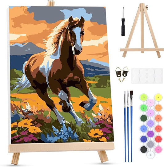 MXJSUA Horse Framed Paint by Numbers for Adults Beginners, Easy Adults' Paint-by-Number Kits on Canvas with Easel, Animal Acrylic Number Painting Crafts Kits Gifts for Home Decor, 8x12inch