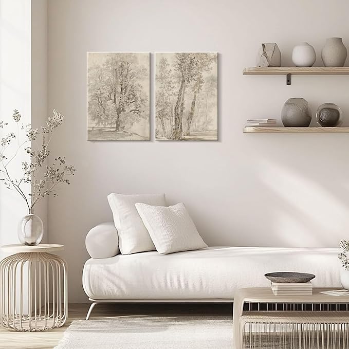 2pcs Framed Vintage Trees Canvas Landscape Sketch Wall Painting Plant Nature Picture Print Poster Rustic Nature Wabi Sabi Home Painting Bedroom Living Room Studio Decor 12x16 Inch Ready to Hang