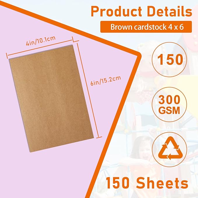 150 Sheets Brown Cardstock 4 x 6 Kraft Paper, 300gsm/110lb Heavyweight Flat Card Stock Printer Paper for DIY Card Making, Wedding Invitations, Greeting Cards, Stationery, Graduations