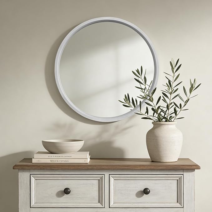 WallBeyond 28 Inch Round Wood Mirror, Large Circle Wooden Frame Wall Mirror for Bathroom, Living Room, Bedroom, Entryway (White)