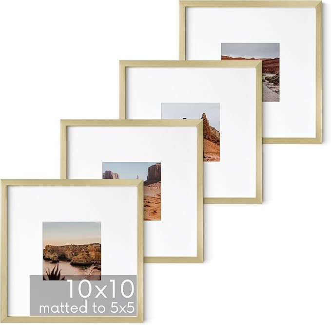 HAUS AND HUES 10x10 Gold Metal Picture Frames Matted to 5x5 - Premium Aluminum with Hanging Hardware, Shatterproof Plexiglass - Ideal for Home or Office (10x10 in, Gold, Set of 4)