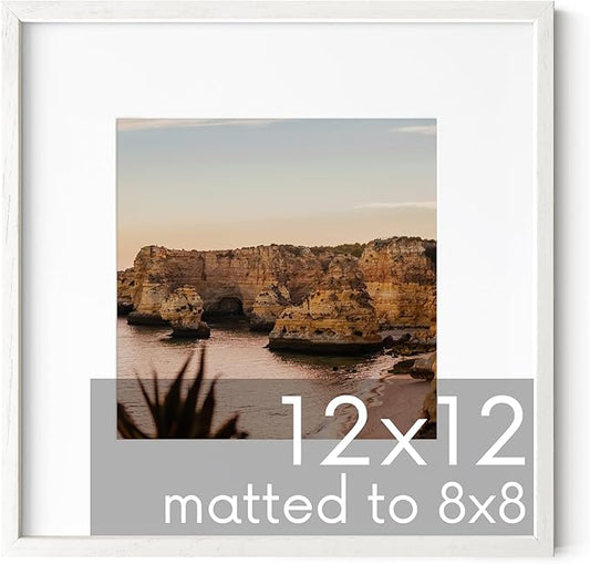 HAUS AND HUES White Oak Wood 12x12 Picture Frame - Square Frame Matted to 8x8, Minimalist White Frame for Gallery Wall or Posters (12x12 in, White, Set of 1)