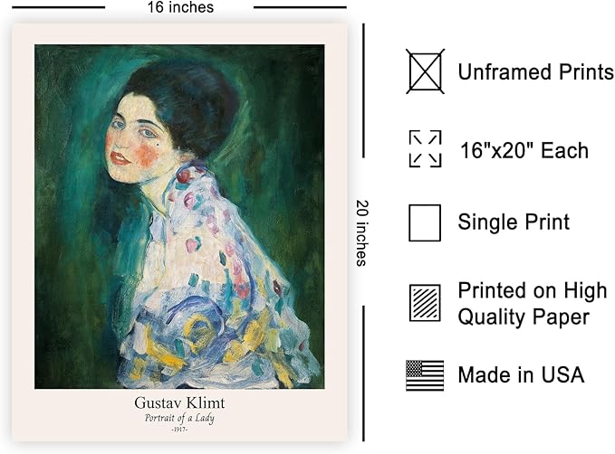 Poster Master Vintage Gustav Klimt Poster - Retro Portrait of a Lady Print - Expressionism Art - Woman Art - Classic Painting - Aesthetic Art - Living Room or Office Decor - 16x20 UNFRAMED Wall Art