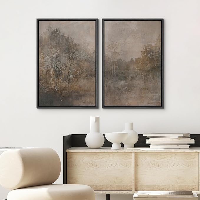 SIGNWIN Framed Canvas Print Wall Art Set Misty Forest Landscape Neutral Woodland Nature Illustrations Modern Art Scenic Colorful for Living Room, Bedroom, Office - 24"x36"x2 Black