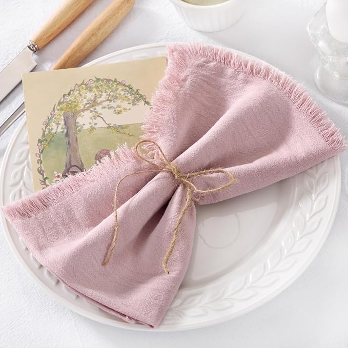 12 Pack Pink Cotton Linen Napkins with Fringe Spring Cloth Napkins Set of 12 Boho Handmade Dinner Napkins Bulk for Wedding Bridal Baby Shower Valentine's Day, 17 x 17 Inches