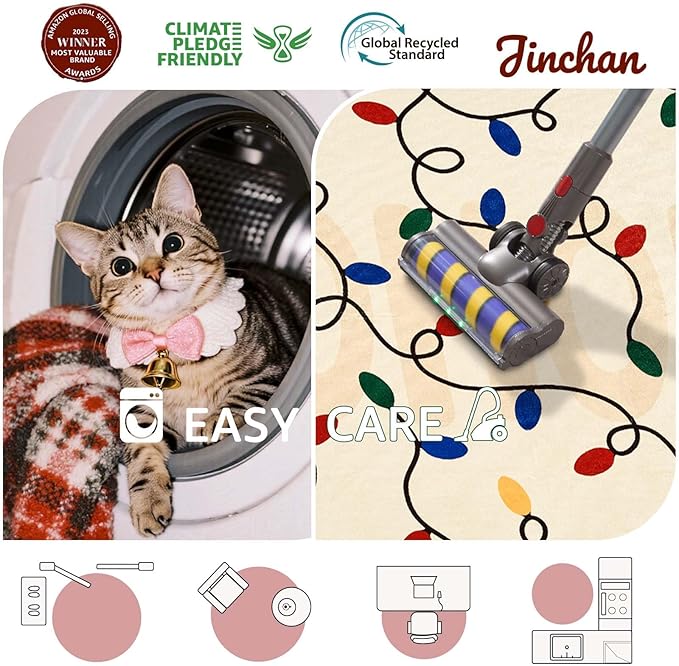 jinchan Jingle Lights Round Christmas Rug for Living Room 5ft Beige Circle Holiday Rug for Bedroom 5' Colored String Lights Printed Xmas Decor Washable Indoor Carpet for Dining Room Foyer Non-Slip
