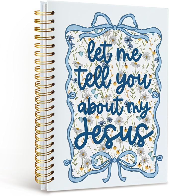 MOFUYU Coquette Blue Bow Floral Christian Notebook,Journal for Women,Coquette Blue Bow Floral Notebook, Gifts for Christian Women Men,Let Me Tell You About My Jesus,Religious Journals for Writing 5.5x8.3