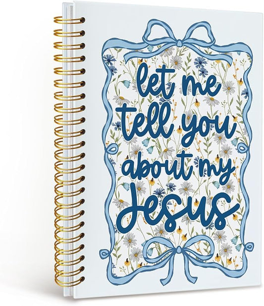 MOFUYU Coquette Blue Bow Floral Christian Notebook,Journal for Women,Coquette Blue Bow Floral Notebook, Gifts for Christian Women Men,Let Me Tell You About My Jesus,Religious Journals for Writing 5.5x8.3